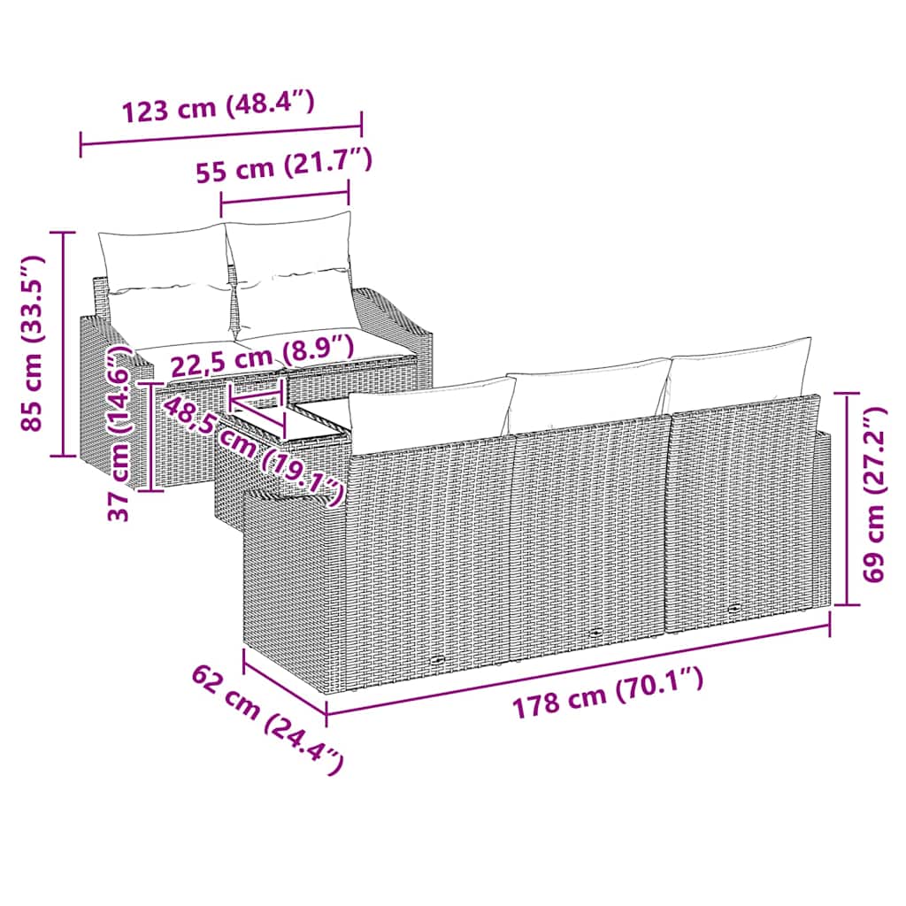 Garten-Sofa-Set mit Kissen 6 pcs Schwarz 55 x 55 x 37 cm